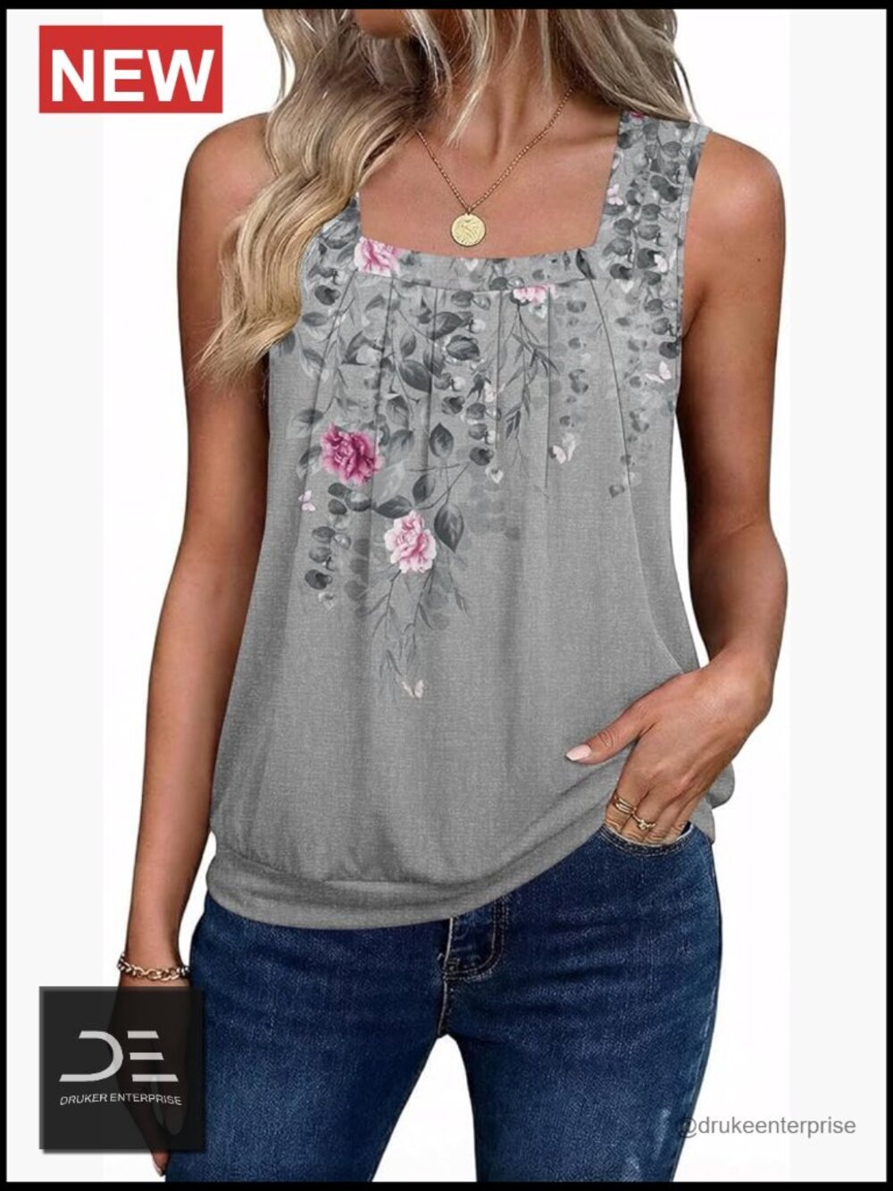 Sleeveless Square Neck Pleated Tank Top Loose Fit Casual Summer Shirt